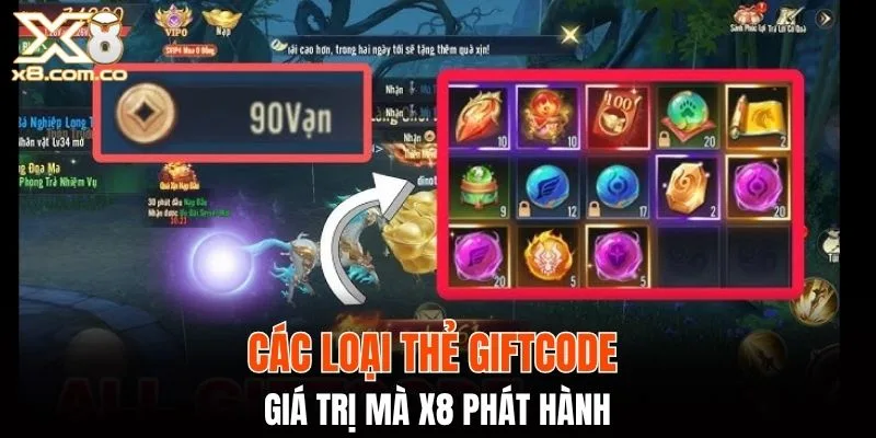 Các loại thẻ giftcode giá trị mà X8 phát hành
